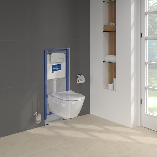 VILLEROY ET BOCH - Pack WC sans bride  Subway 2.0 abattant frein de chute + bâti-support sol et mur+ plaque Chromé mat + Tabouret - large