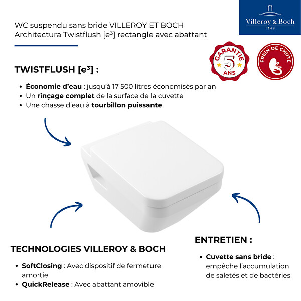 VILLEROY ET BOCH - Cuvette WC suspendu sans bride  Architectura Twistflust rectangle avec abattant frein de chute - large