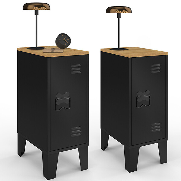 ID MARKET - Lot de 2 tables de chevet étroites ESTER 1 porte métal noir plateau façon hêtre design industriel - large