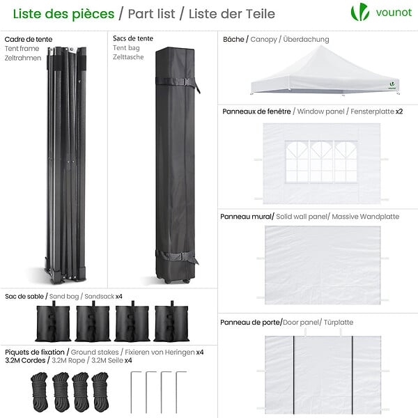 VOUNOT - Tonnelle de jardin renforcée 3x3m pliable avec 4 parois et sac de transport a roulette blanche - large