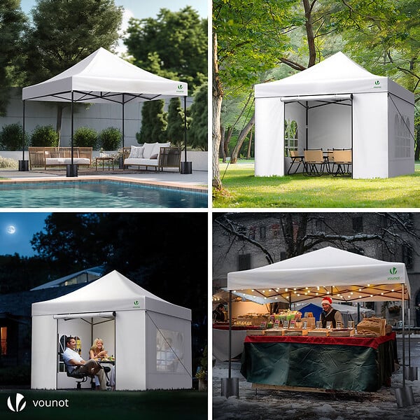 VOUNOT - Tonnelle de jardin renforcée 3x3m pliable avec 4 parois et sac de transport a roulette blanche - large