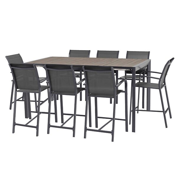 HESPERIDE - Table haute extensible de jardin "Evasion" seigle effet bois & graphite 8 places en aluminium traité époxy - large