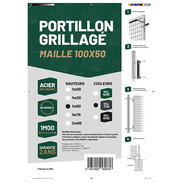 EASY CLOTURE - Portillon grillagé maille 100x50 - Largeur 1m00 - Square Gate - large