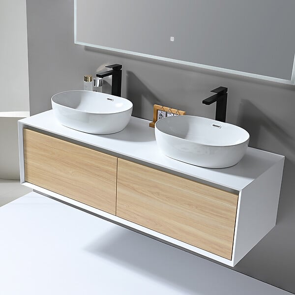 LUXURYBAIN - LuxuryBain- Meuble de salle de bain double vasque 120cm bois et blanc avec miroir LED LB-8153-120 - large