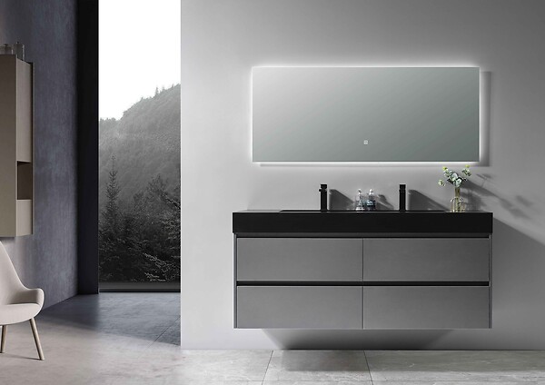 LUXURYBAIN - LuxuryBain- Meuble de salle de bain double vasque 150cm gris et noir avec miroir LED LB-8476S - large
