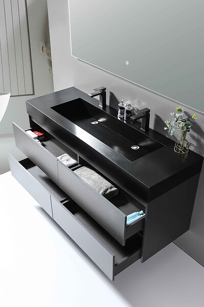 LUXURYBAIN - LuxuryBain- Meuble de salle de bain double vasque 150cm gris et noir avec miroir LED LB-8476S - large