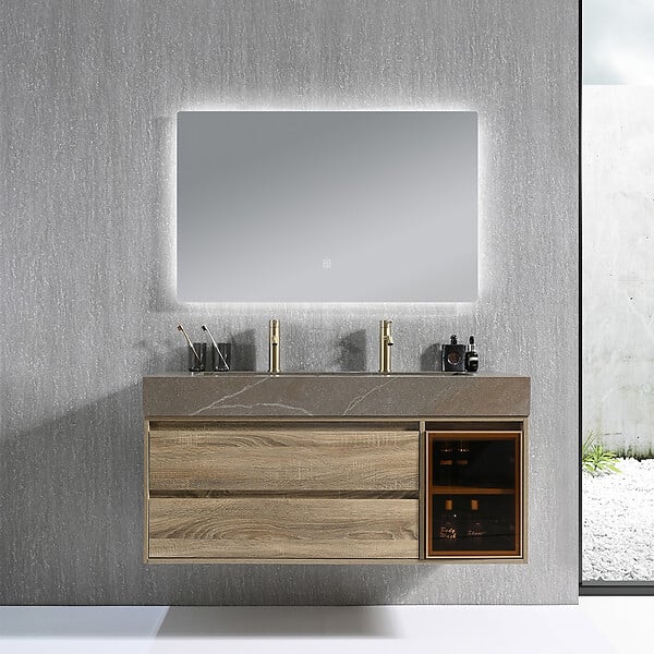 LUXURYBAIN - Meuble salle de bain double vasque 120cm bois et effet marbre marron avec miroir LED LB-8512M-120 - large