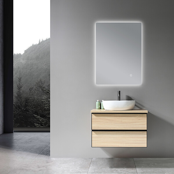LUXURYBAIN - LuxuryBain - Meuble de salle de bain simple vasque 80cm chêne clair avec miroir led - large