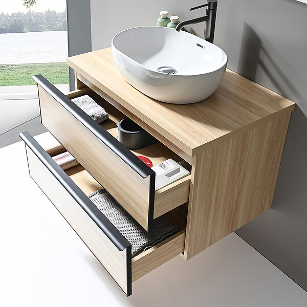 LUXURYBAIN - LuxuryBain - Meuble de salle de bain simple vasque 80cm chêne clair avec miroir led - large