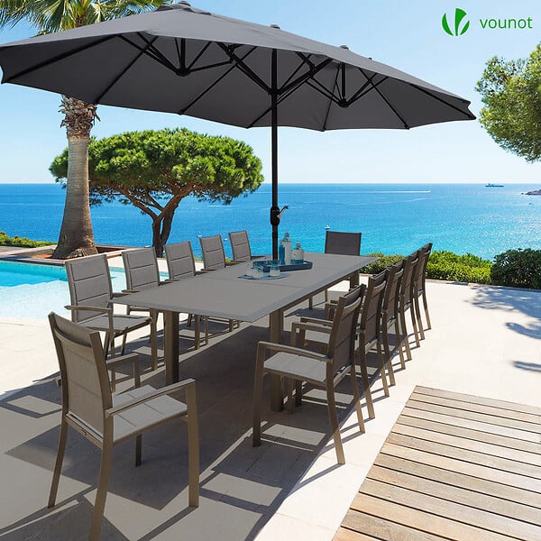 VOUNOT - Parasol Jardin Double Aluminium 270 x 460 cm gris - large