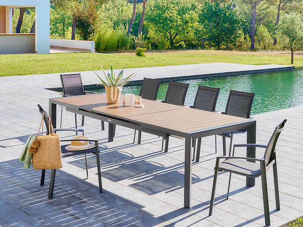 HESPERIDE - Table de jardin rectangulaire extensible alu Evasion 8/10 places effet bois - Hespéride - large