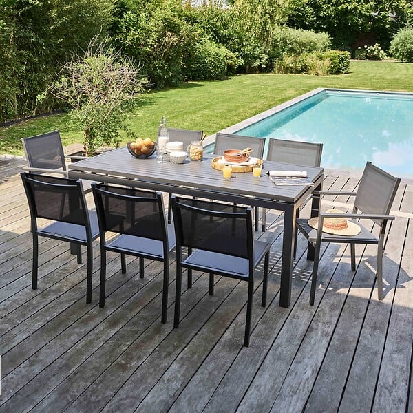 OVIALA - Fauteuil de jardin aluminium et textilène gris - Nice - large
