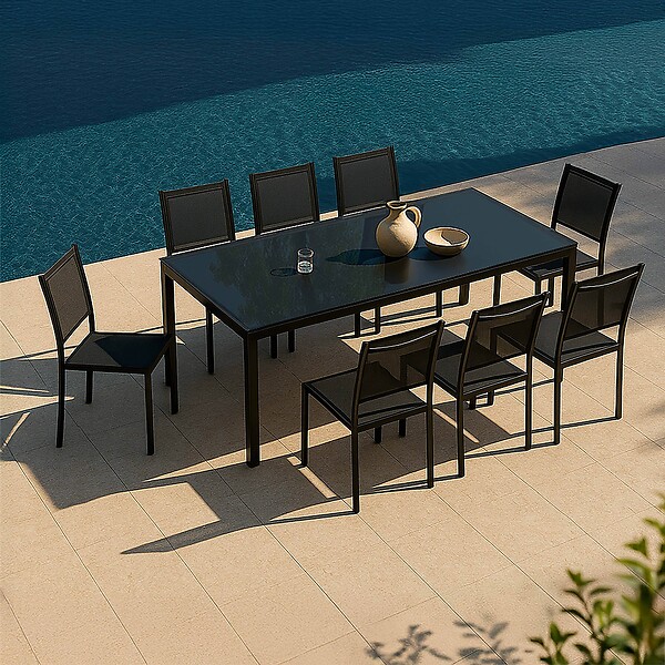 OVIALA - Ensemble table de jardin et 8 chaises avec plateau verre noir - Ajaccio - large