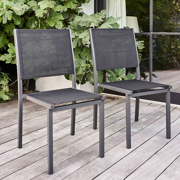 OVIALA - Lot de 2 chaises de jardin en aluminium et textilène noir - Ajaccio - large