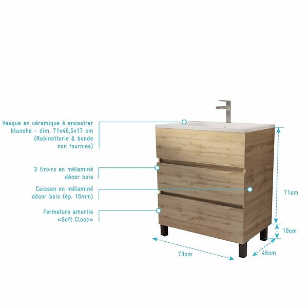AURLANE - Meuble de salle de bains 70 cm TIMBER - Décor Chêne Naturel 3 tiroirs avec Vasque blanche - large