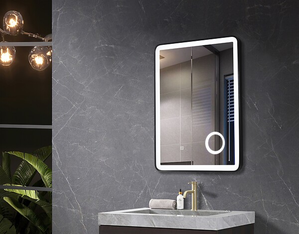 LUXURYBAIN - Miroir salle de bain LED 60x80cm avec cadre en aluminium noir et loupe grossissante x3 - large