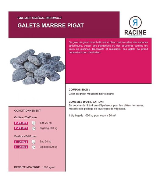 RACINE - Paillage minéral Galet marbre pigat 25-40mm, 1 filet de 20 kg - F-PAI077 - large