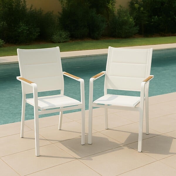 OVIALA - Lot de 2 chaises de jardin en aluminium et textilène blanc - Ciotat - large