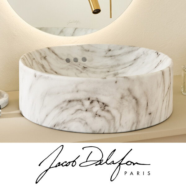 JACOB DELAFON - Vasque ronde à poser Vox marbre blanc sculptural + bonde - large
