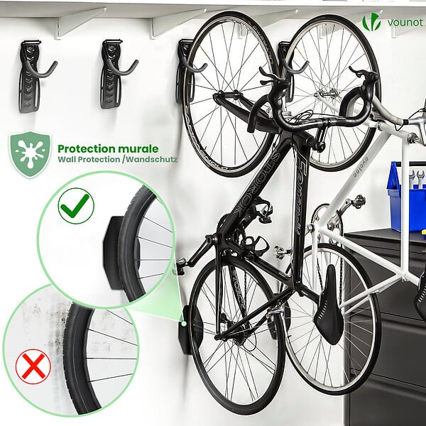 VOUNOT - Lot de 4 supports de velo mural avec coussinets de protection noir - large