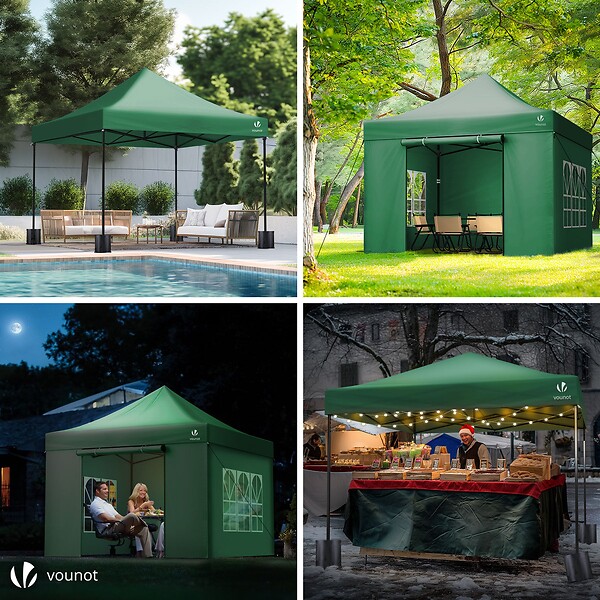 VOUNOT - Tonnelle de jardin renforcée 3x3m pliable avec 4 parois et sac de transport a roulette verte - large