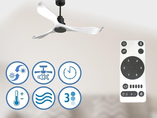 PURLINE - Ventilateur de plafond Réversible  Thermostat Wifi Moteur à courant continu Toits en pente Télécommande Adaptateur 2/3 Lames Hypersilence Mémoire - large