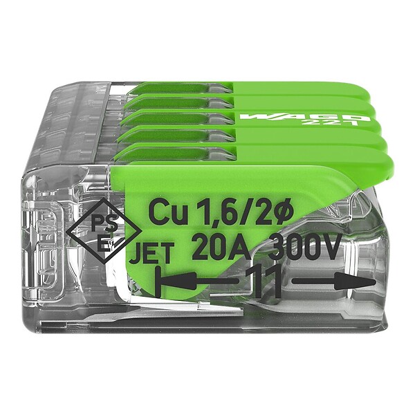 WAGO - Boite de 25 bornes d'installation 221 Green Range Wago - 5 conducteurs 4mm² - à leviers souple & rigide - large
