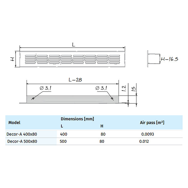 BLAUBERG - Grille aération porte meuble encastrable en aluminium anodisé argent - LxH (mm): 500 x 80 - large