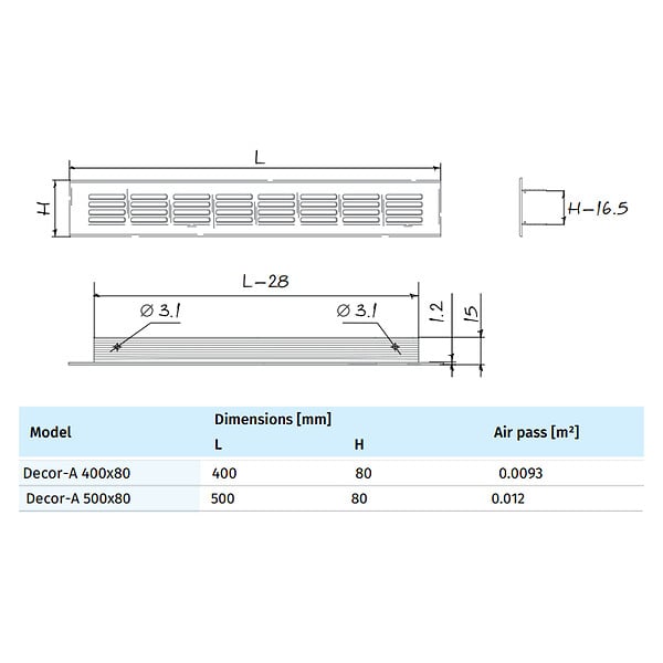 BLAUBERG - Grille aération porte meuble encastrable en aluminium anodisé argent - LxH (mm): 400 x 80 - large