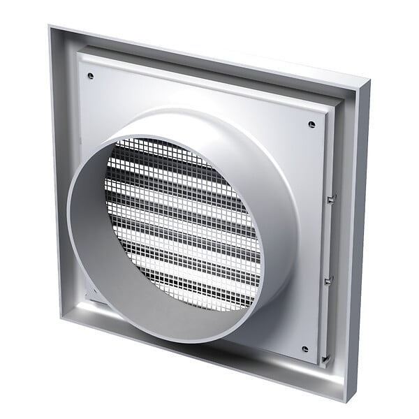 BLAUBERG - Grille de ventilation plastique blanc à ailettes inclinées DECOR avec moustiquaire - LxH (mm): 185 x 185 rac Ø 150 - large