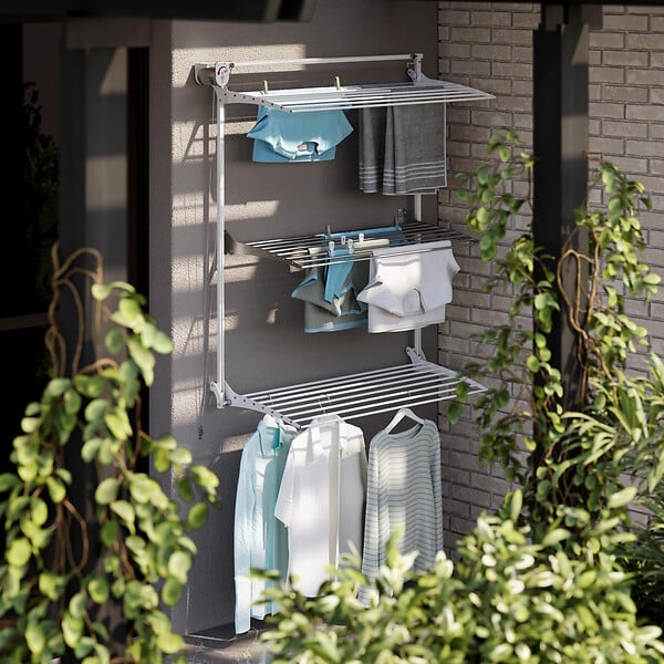 FOXYDRY - Étendoir mural 3 grilles pliable et réglable en hauteur – blanc – 88x52x137 cm - FOXYDRY Tower - large