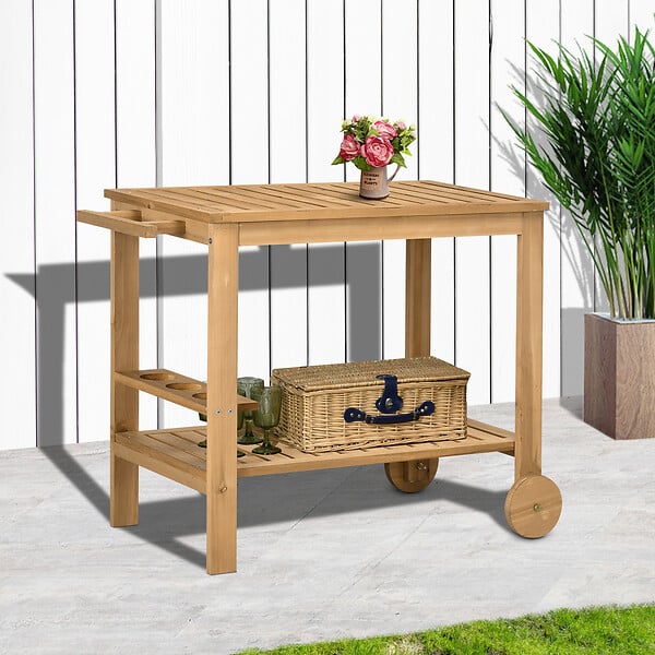 OUTSUNNY - Desserte de jardin - desserte pour plancha - étagère, 3 porte-bouteilles, 2 roues, poignée - bois sapin pré-huilé - large