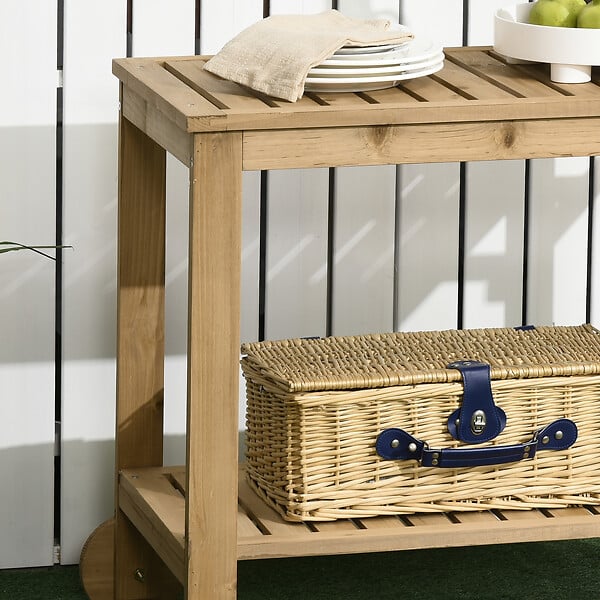 OUTSUNNY - Desserte de jardin - desserte pour plancha - étagère, 3 porte-bouteilles, 2 roues, poignée - bois sapin pré-huilé - large
