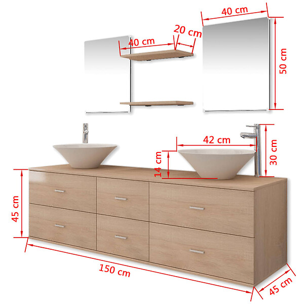VIDAXL - vidaXL Meuble de salle de bain 9 pcs avec lavabo et robinet Beige - large