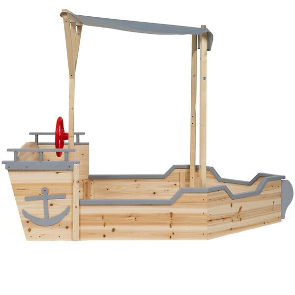 ID MARKET - Bac à sable WORLD bois bateau de pirate avec banc coffre et toit gris - large