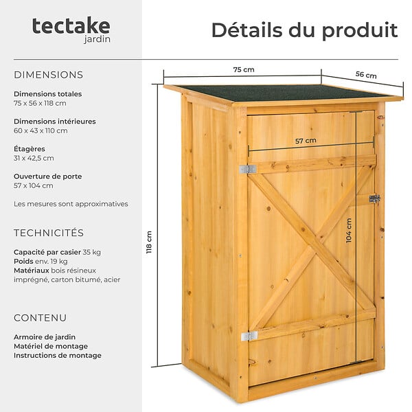 TECTAKE - Armoire de jardin adossée Taman 75 x 56 x 118 cm marron - large