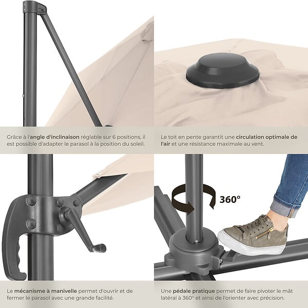 TECTAKE - Parasol DARIA 300 cm avec pied déporté et housse de protection beige - large