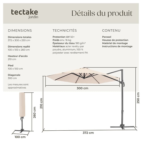 TECTAKE - Parasol DARIA 300 cm avec pied déporté et housse de protection beige - large