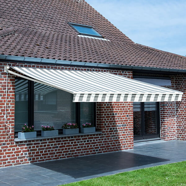 HAPPY GARDEN - Store banne SAULE 2,5 × 2m - Toile rayée blanche/grise et structure blanche - large