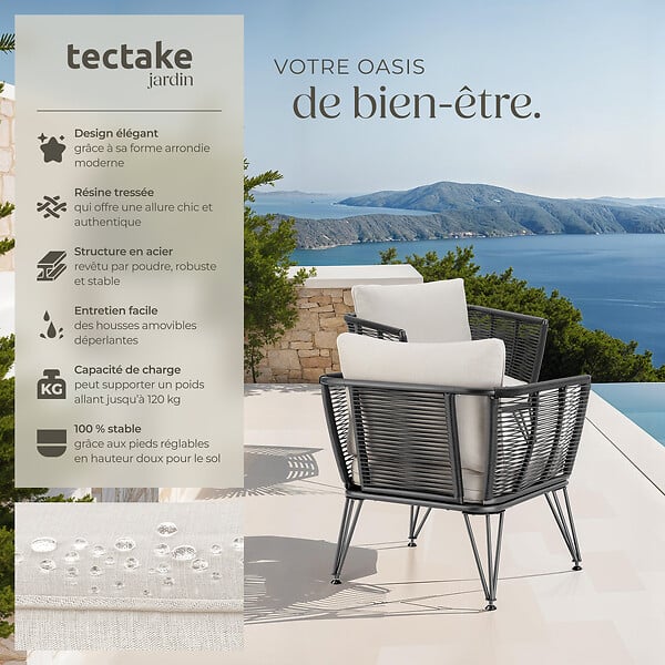 TECTAKE - Lot de fauteuils de jardin en résine tressée SUNDO gris anthracite - large