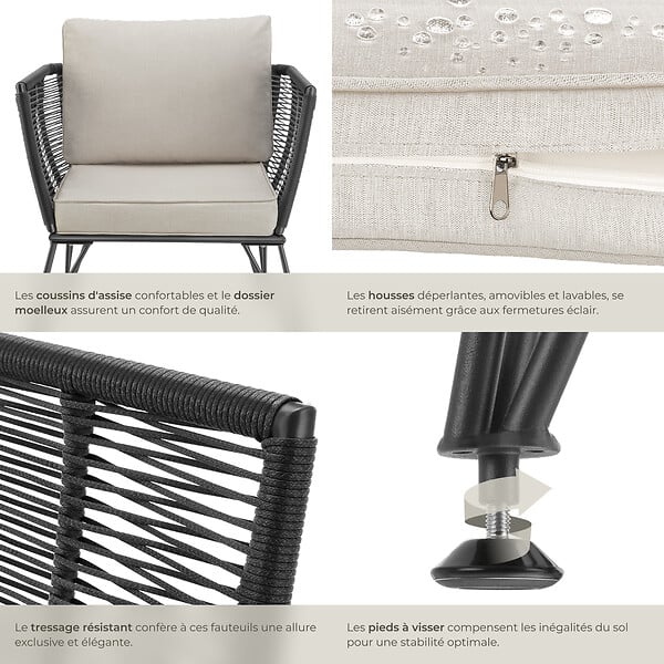 TECTAKE - Lot de fauteuils de jardin en résine tressée SUNDO gris anthracite - large