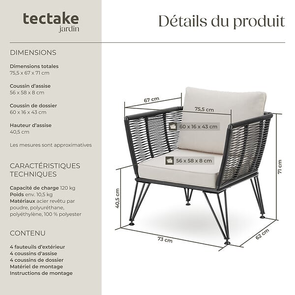 TECTAKE - Lot de fauteuils de jardin en résine tressée SUNDO gris anthracite - large