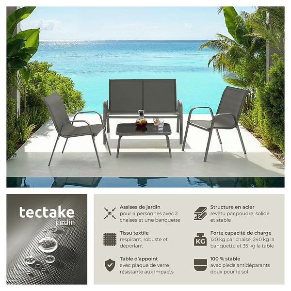 TECTAKE - Salon de jardin NORA pour 4 personnes avec table gris anthracite - large