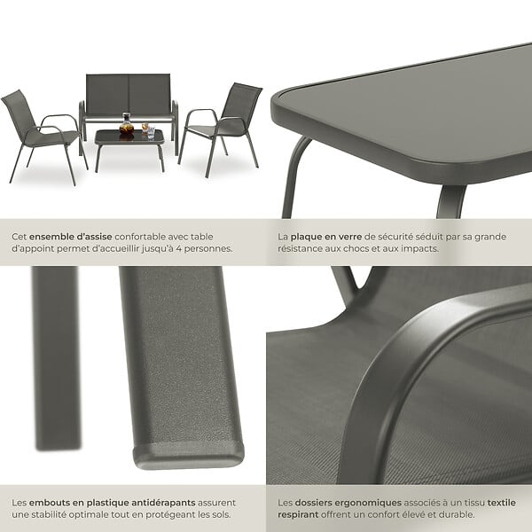 TECTAKE - Salon de jardin NORA pour 4 personnes avec table gris anthracite - large