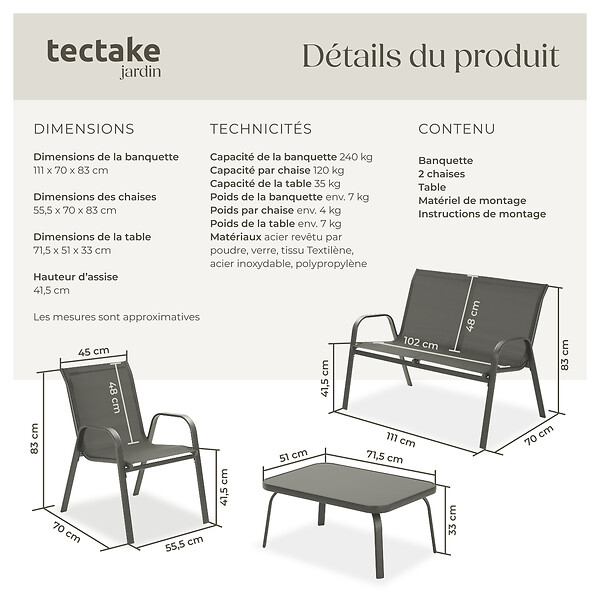 TECTAKE - Salon de jardin NORA pour 4 personnes avec table gris anthracite - large