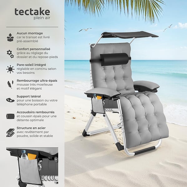 TECTAKE - Chaise longue pliable CLOUD II avec pare-soleil gris clair - large