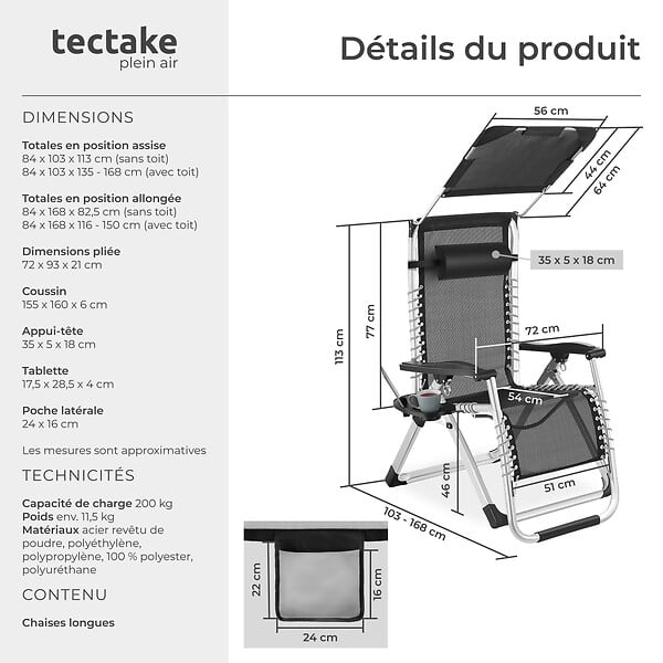 TECTAKE - Chaise longue pliable CLOUD II avec pare-soleil gris clair - large