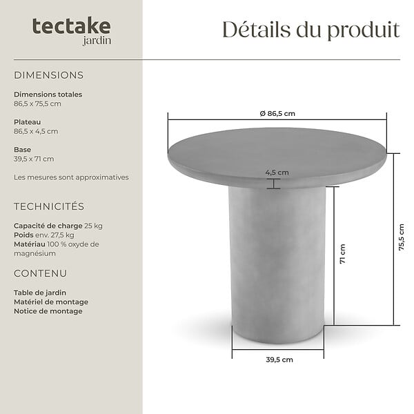 TECTAKE - Table de jardin ronde résistante aux intempéries 86,5x75,5cm - large