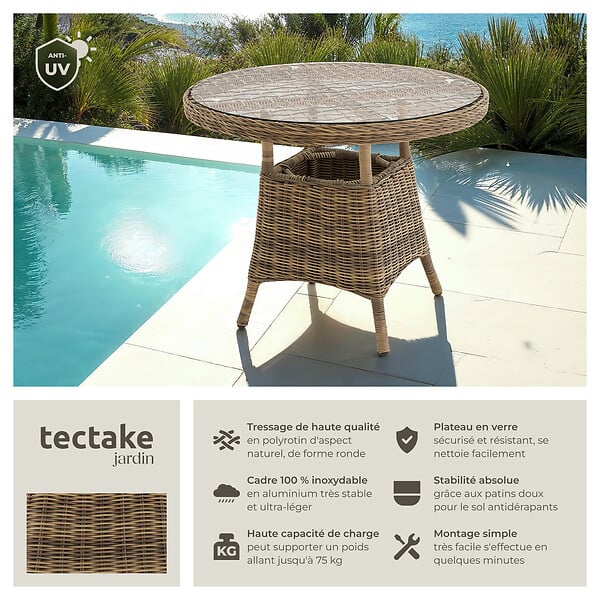 TECTAKE - Table de jardin avec cadre en aluminium et plateau en verre naturel - large