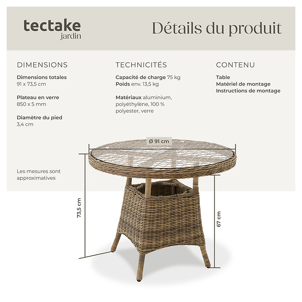 TECTAKE - Table de jardin avec cadre en aluminium et plateau en verre naturel - large